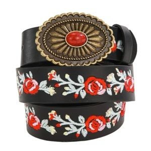 Floral Embroidered faux leather belt large bold buckle black & red